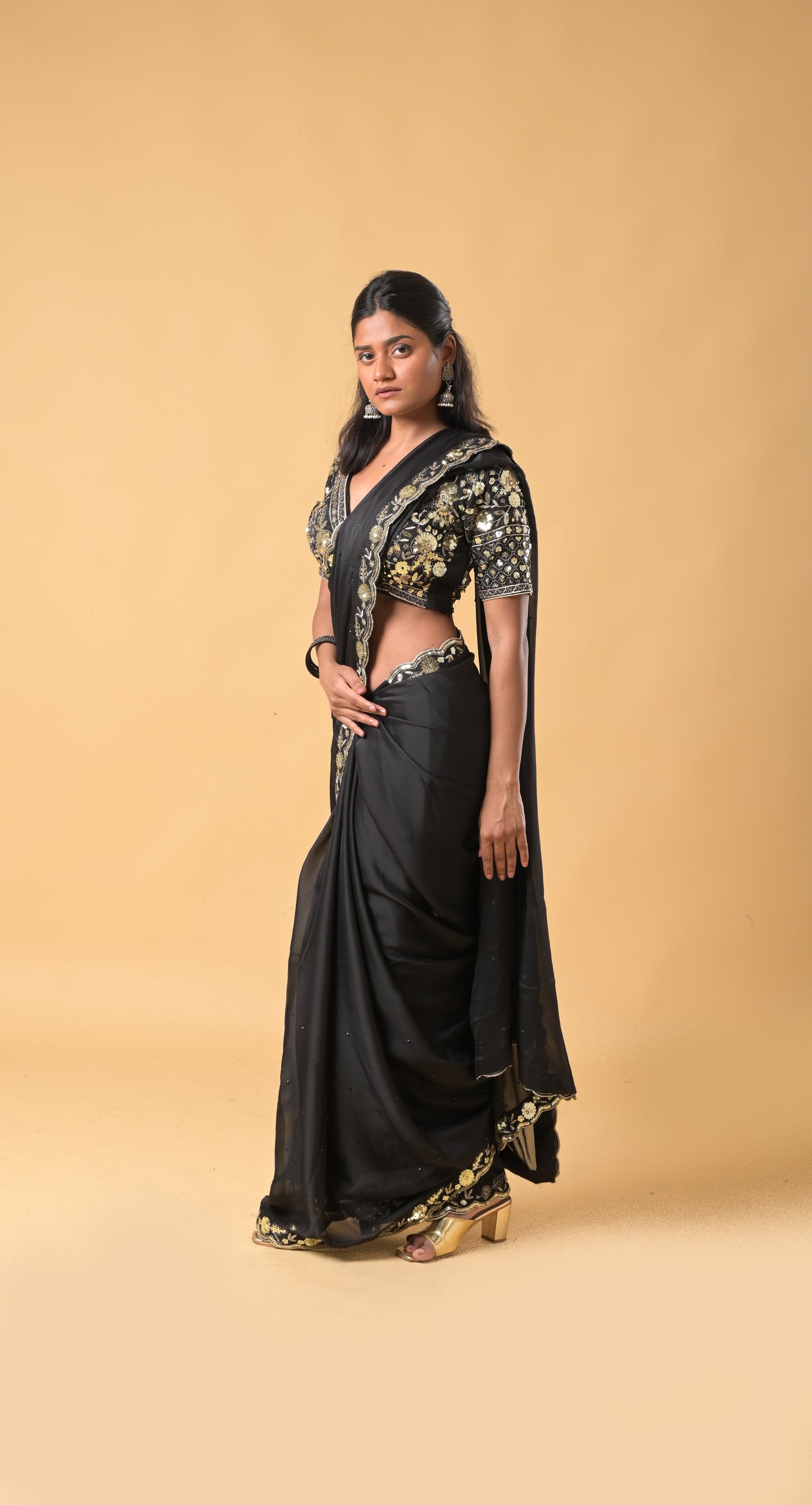 black premium sequins embroidered rangoli silk saree with stiched blouse