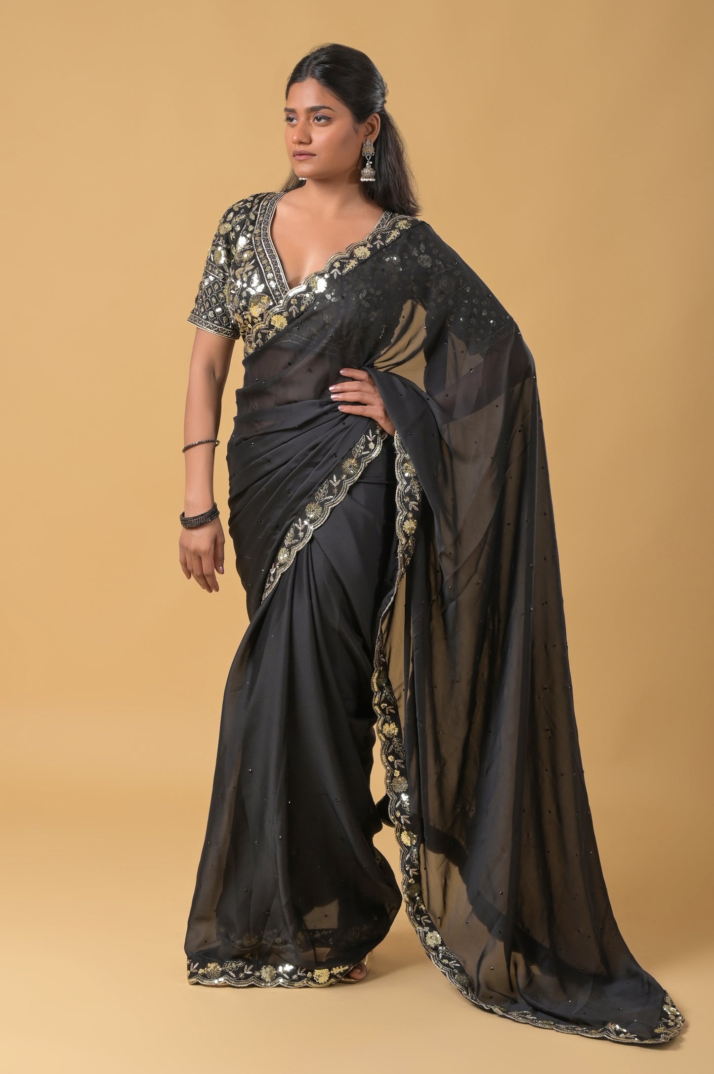 black premium sequins embroidered rangoli silk saree with stiched blouse