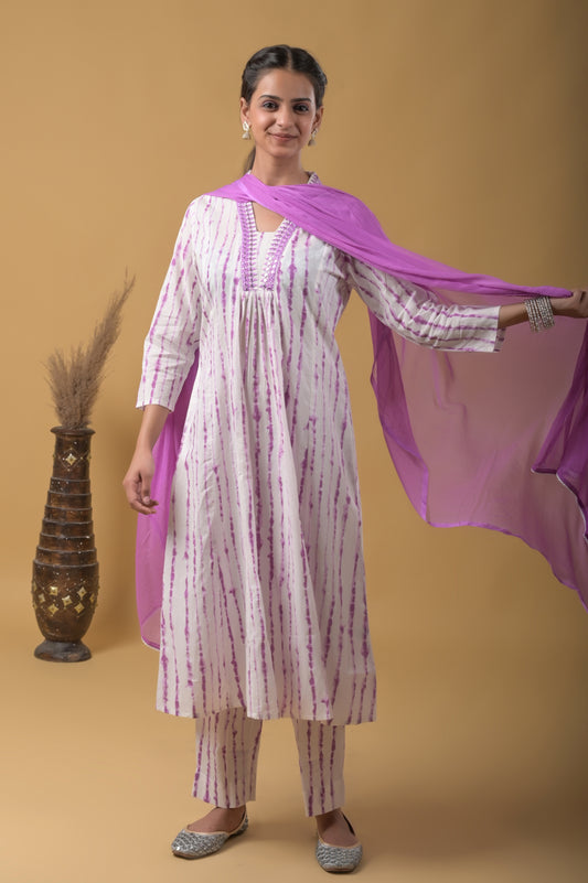 White-Purple Pure Cotton Mirror Embroidered Tie-Dye A-Line Suit with Chiffon Dupatta