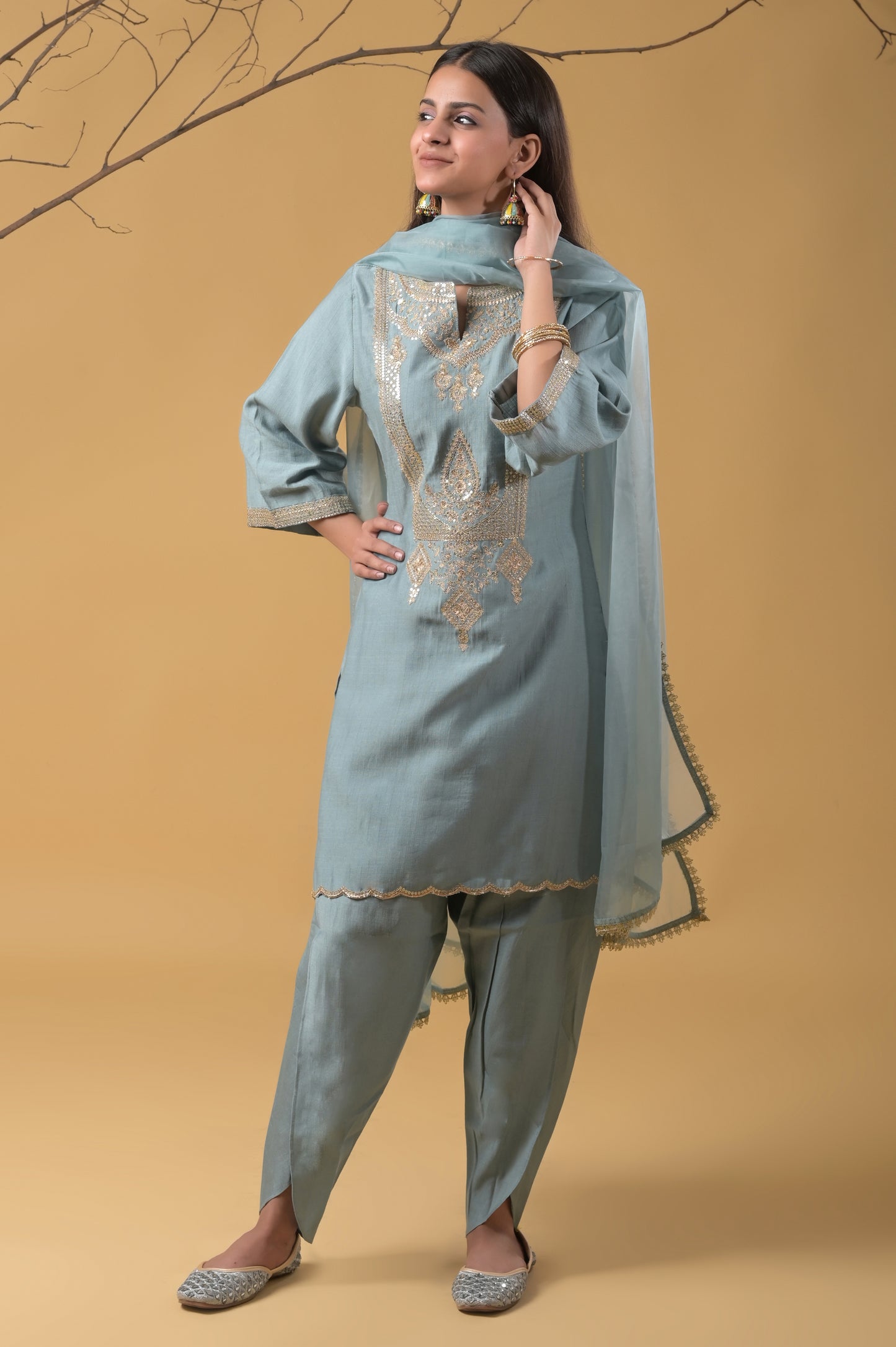 dusty blue zari embroidered silk suit set with tulip pants and organza dupatta