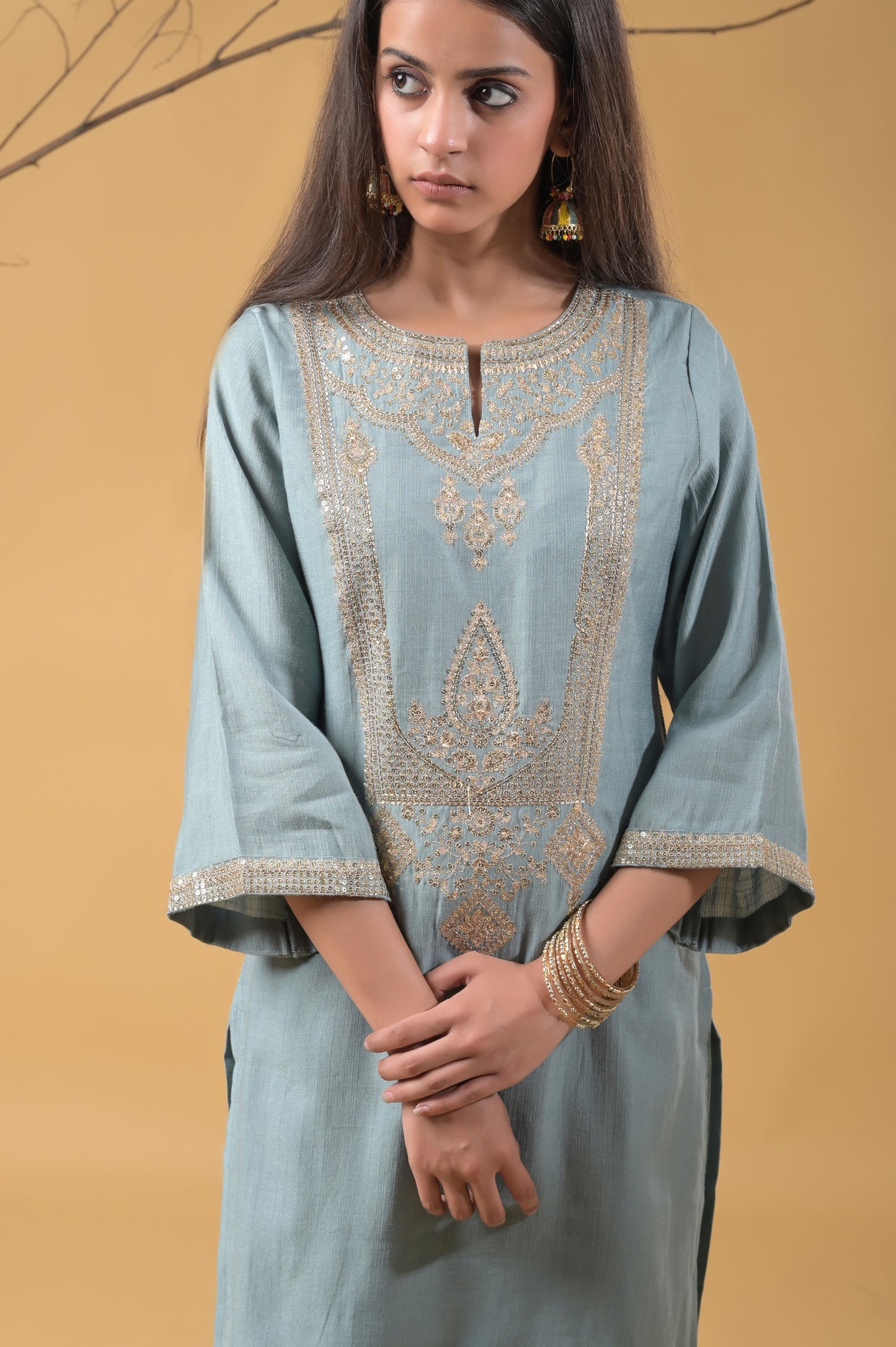 dusty blue zari embroidered silk suit set with tulip pants and organza dupatta