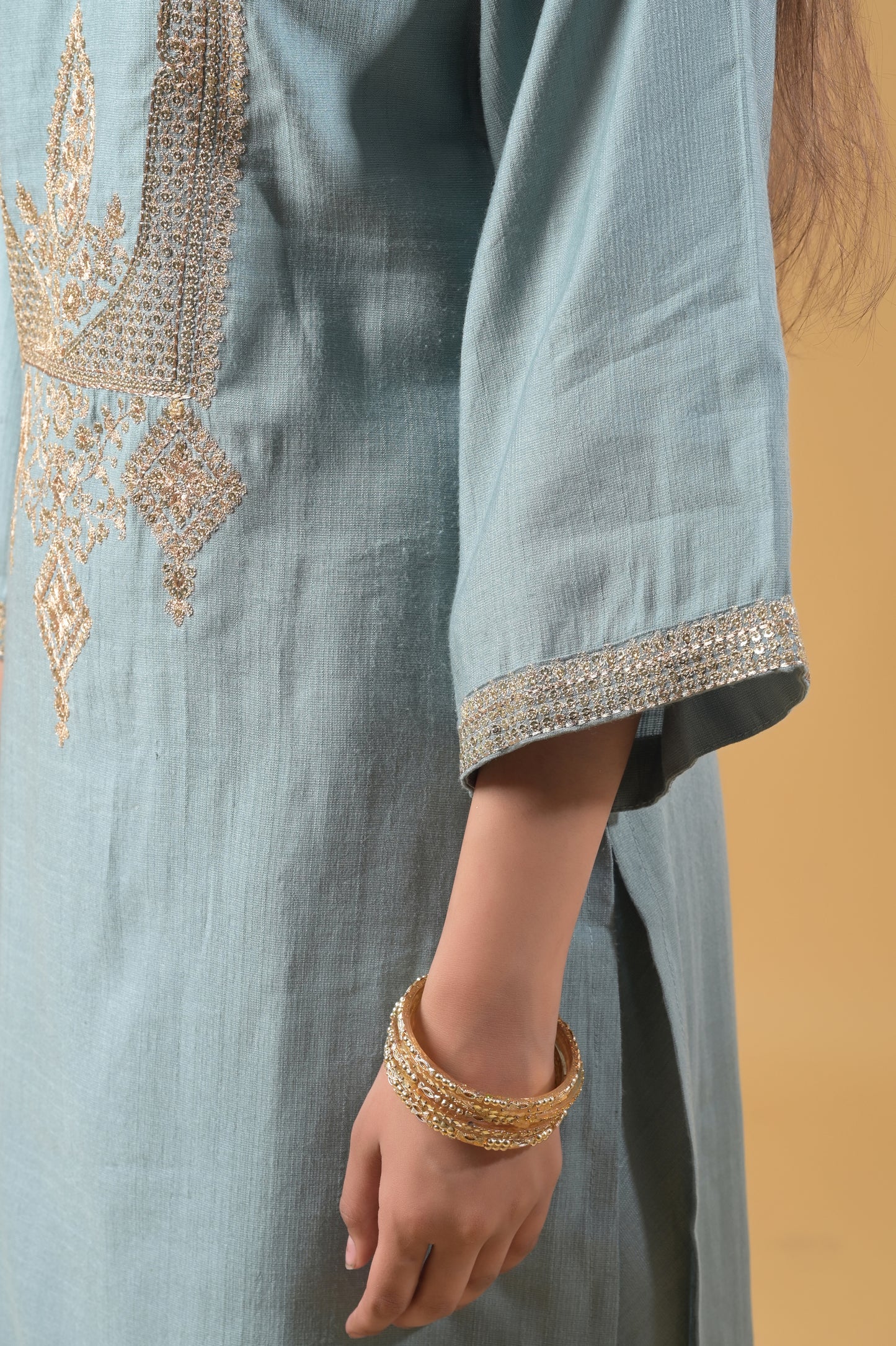 dusty blue zari embroidered silk suit set with tulip pants and organza dupatta