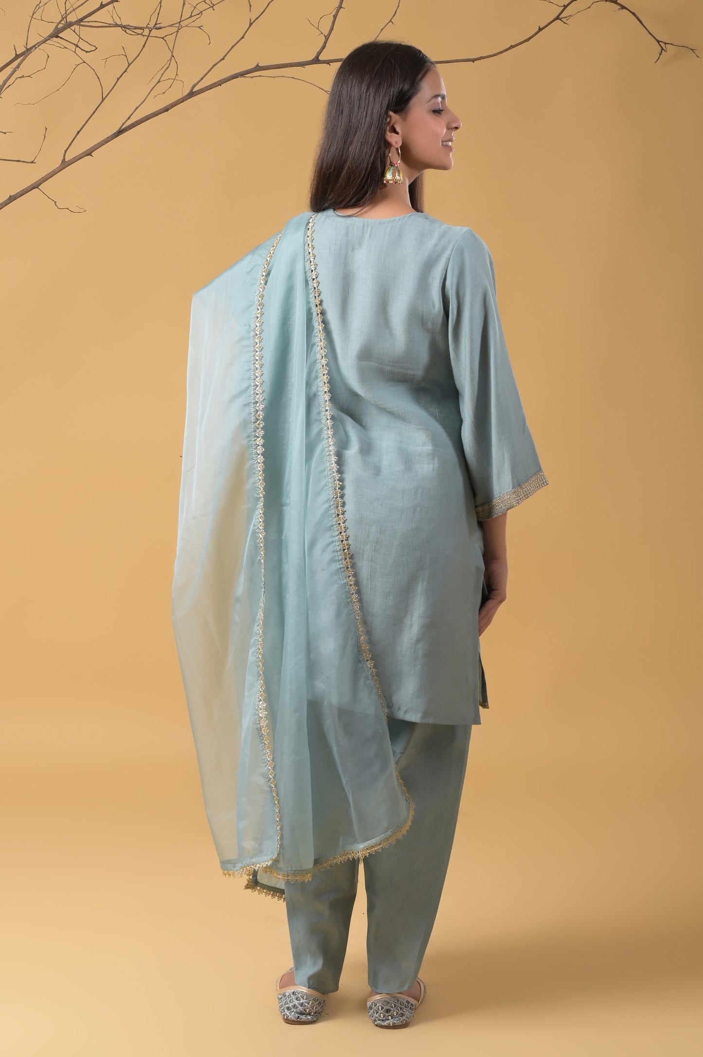 dusty blue zari embroidered silk suit set with tulip pants and organza dupatta