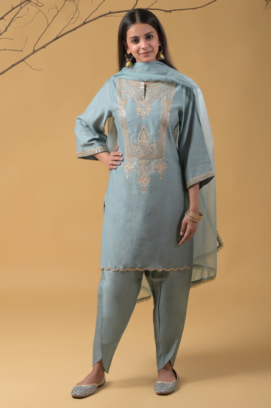Dusty Blue Zari Embroidered Silk Suit Set with Tulip Pants and Organza Dupatta