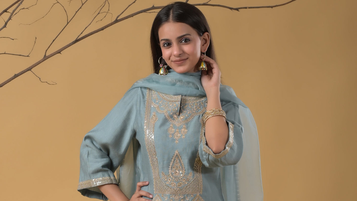 dusty blue zari embroidered silk suit set with tulip pants and organza dupatta