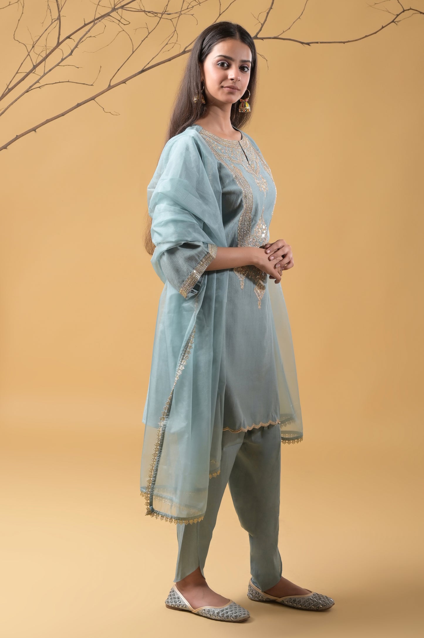 dusty blue zari embroidered silk suit set with tulip pants and organza dupatta