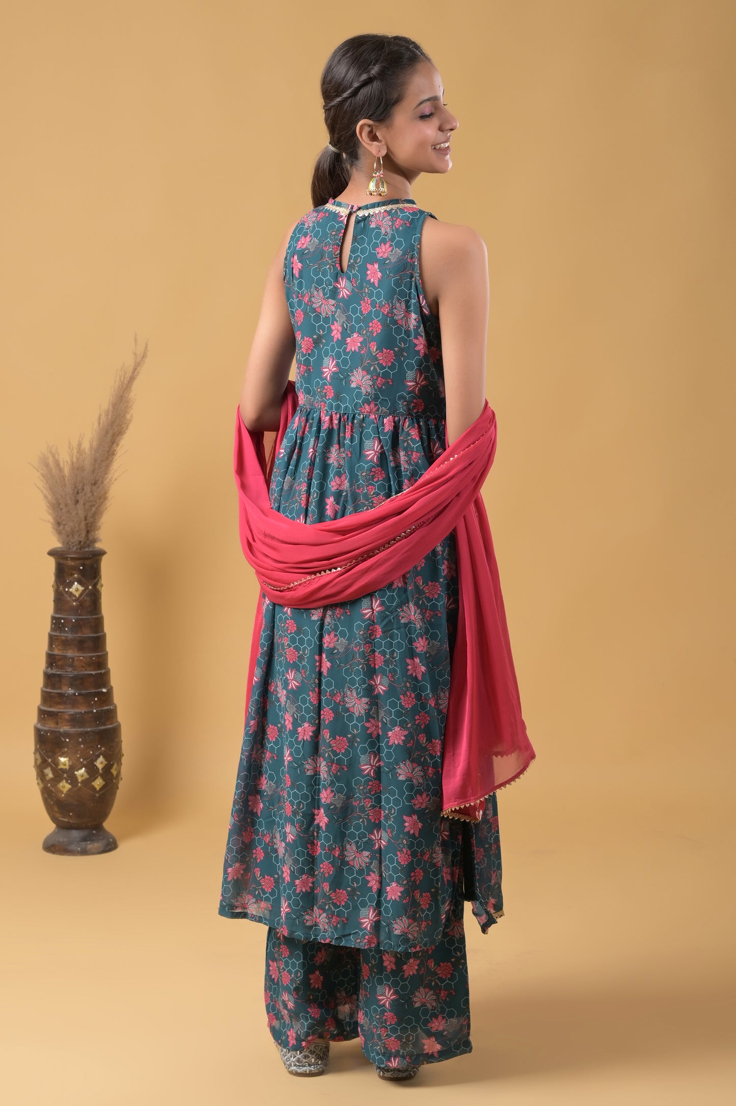 teal floral print viscose georgette palazzo suit set with chiffon dupatta