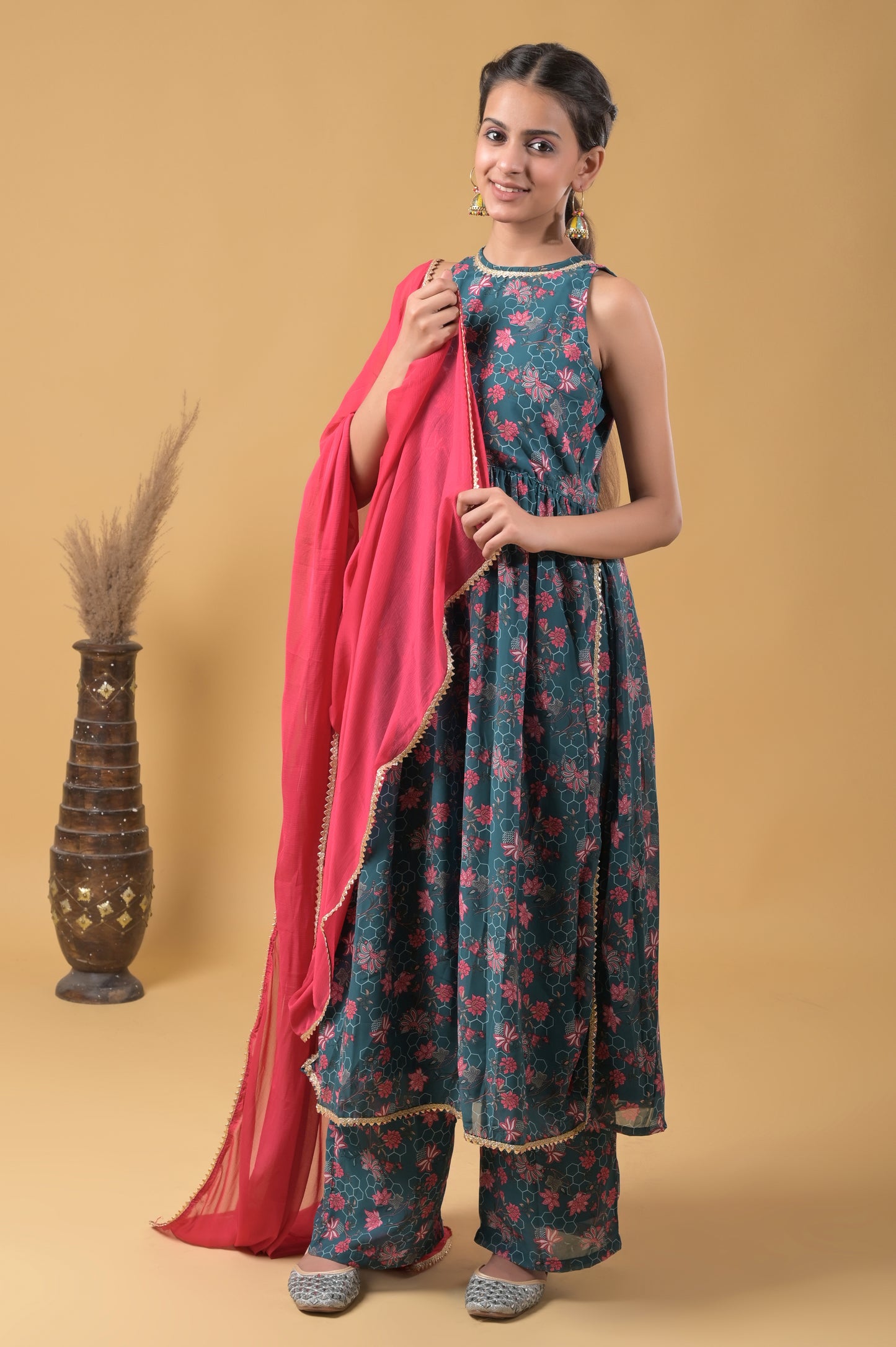 teal floral print viscose georgette palazzo suit set with chiffon dupatta