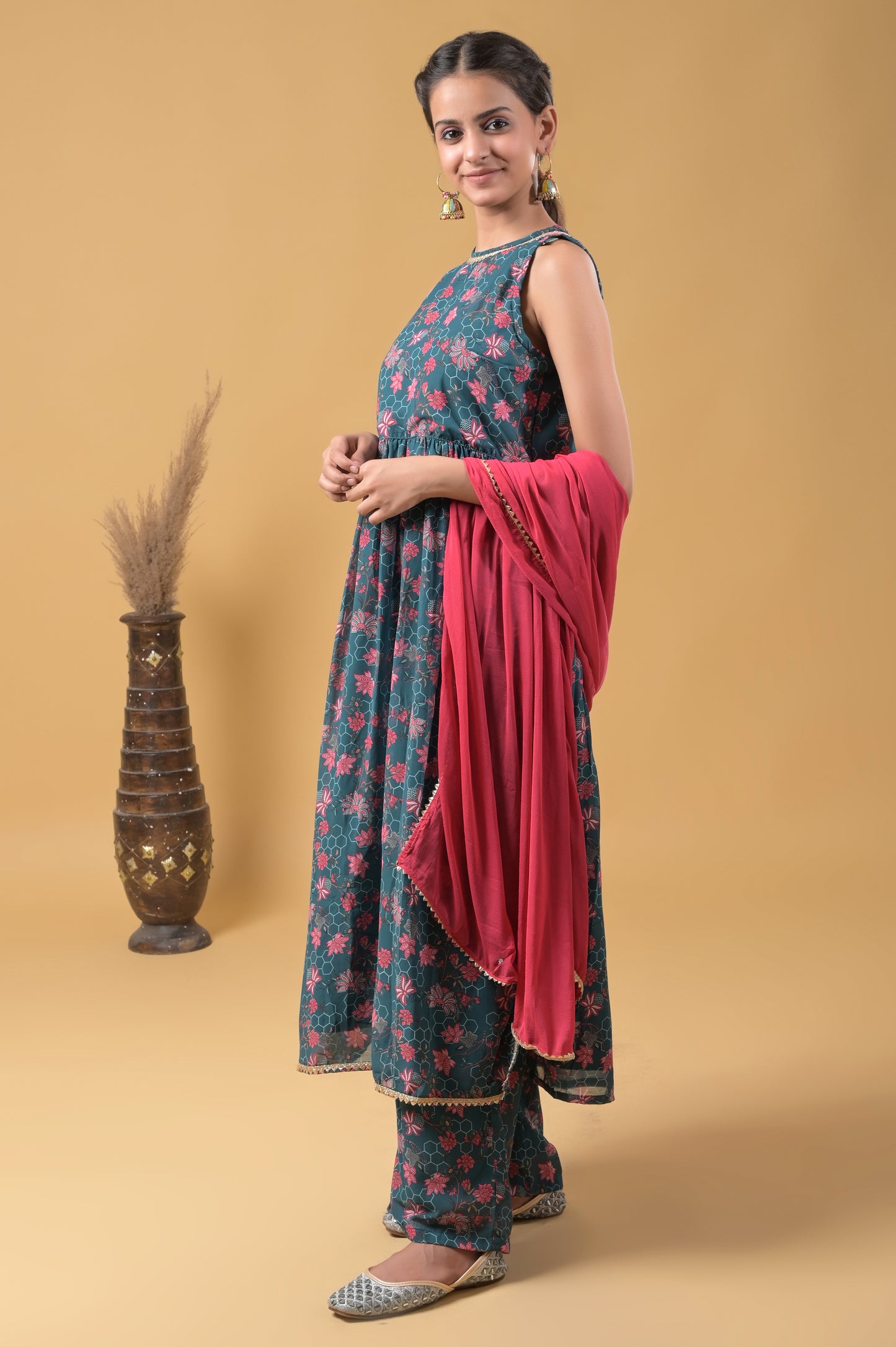 teal floral print viscose georgette palazzo suit set with chiffon dupatta