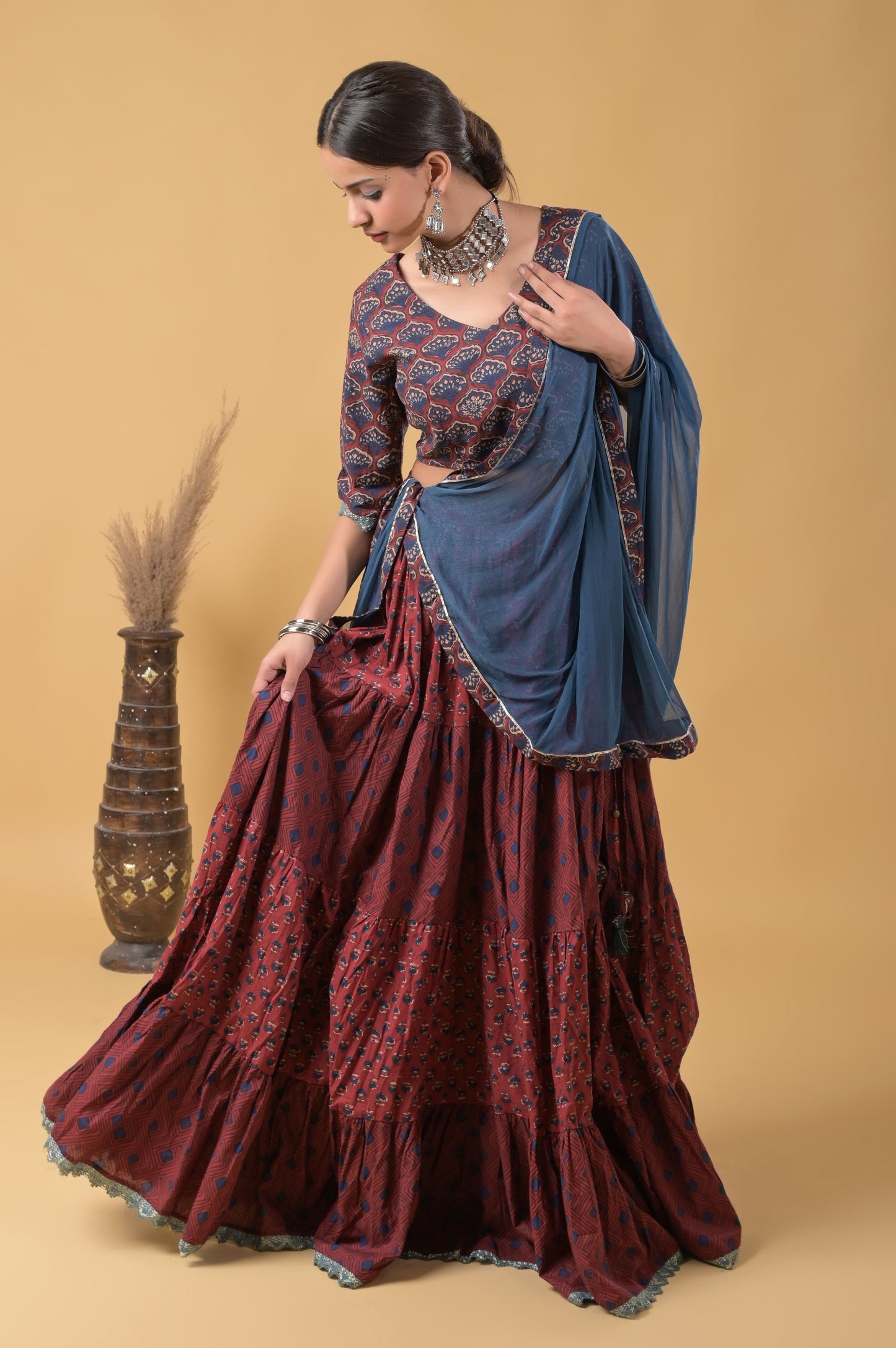 maroon and blue pure cotton ajrakh print skirt blouse set with chiffon dupatta