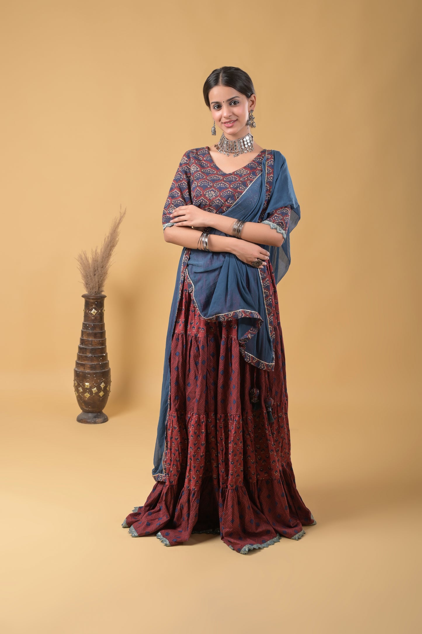 maroon and blue pure cotton ajrakh print skirt blouse set with chiffon dupatta