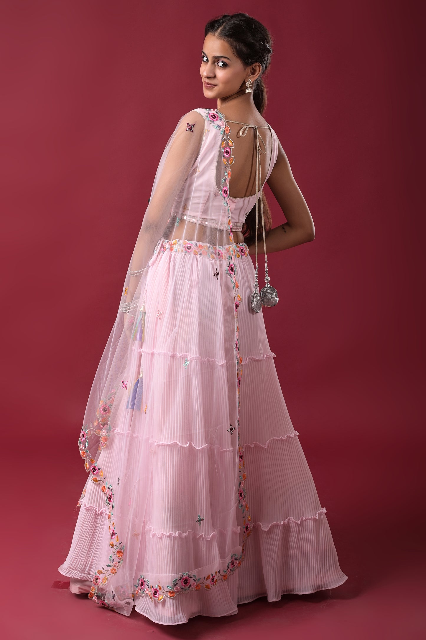 blush-pink embroidered georgette lehnga set with net dupatta for teenage girls