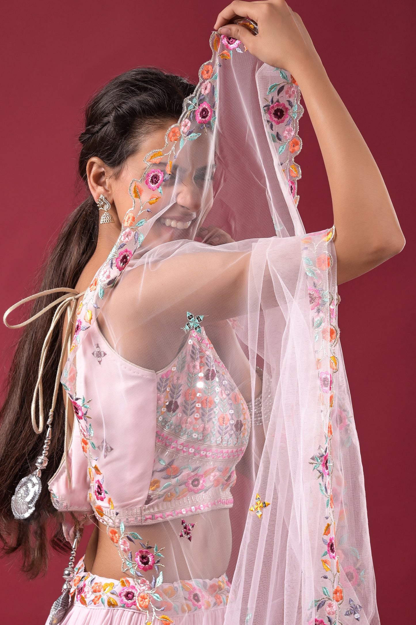 blush-pink embroidered georgette lehnga set with net dupatta for teenage girls