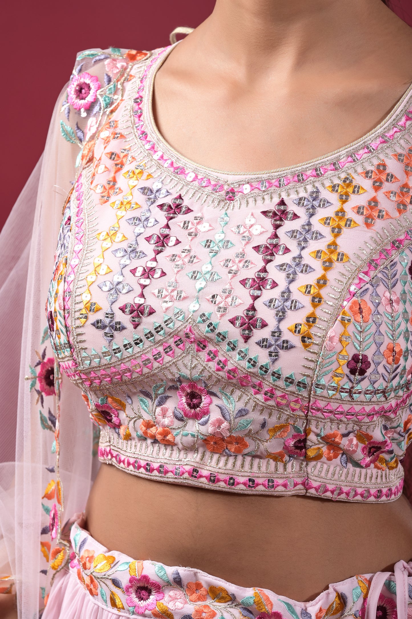 blush-pink embroidered georgette lehnga set with net dupatta for teenage girls