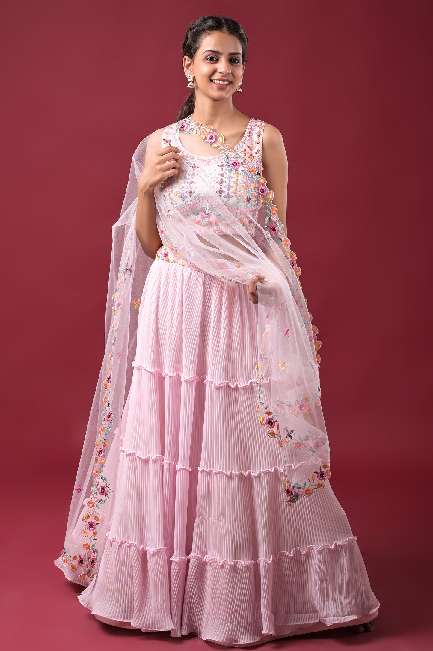 blush-pink embroidered georgette lehnga set with net dupatta for teenage girls