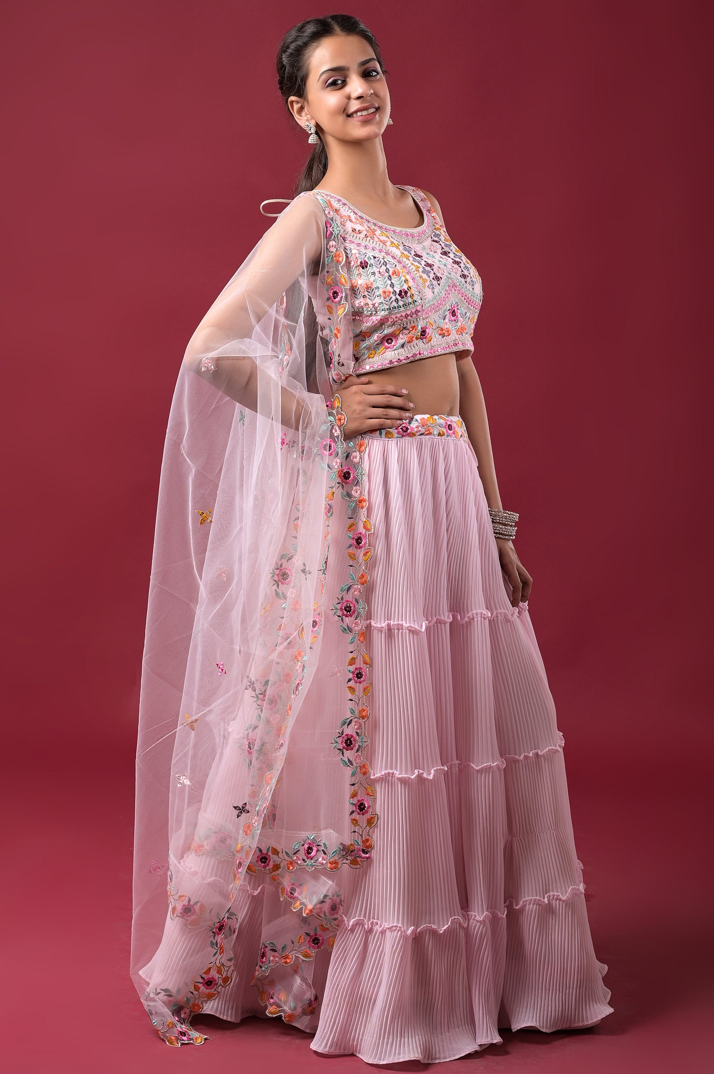 blush-pink embroidered georgette lehnga set with net dupatta for teenage girls
