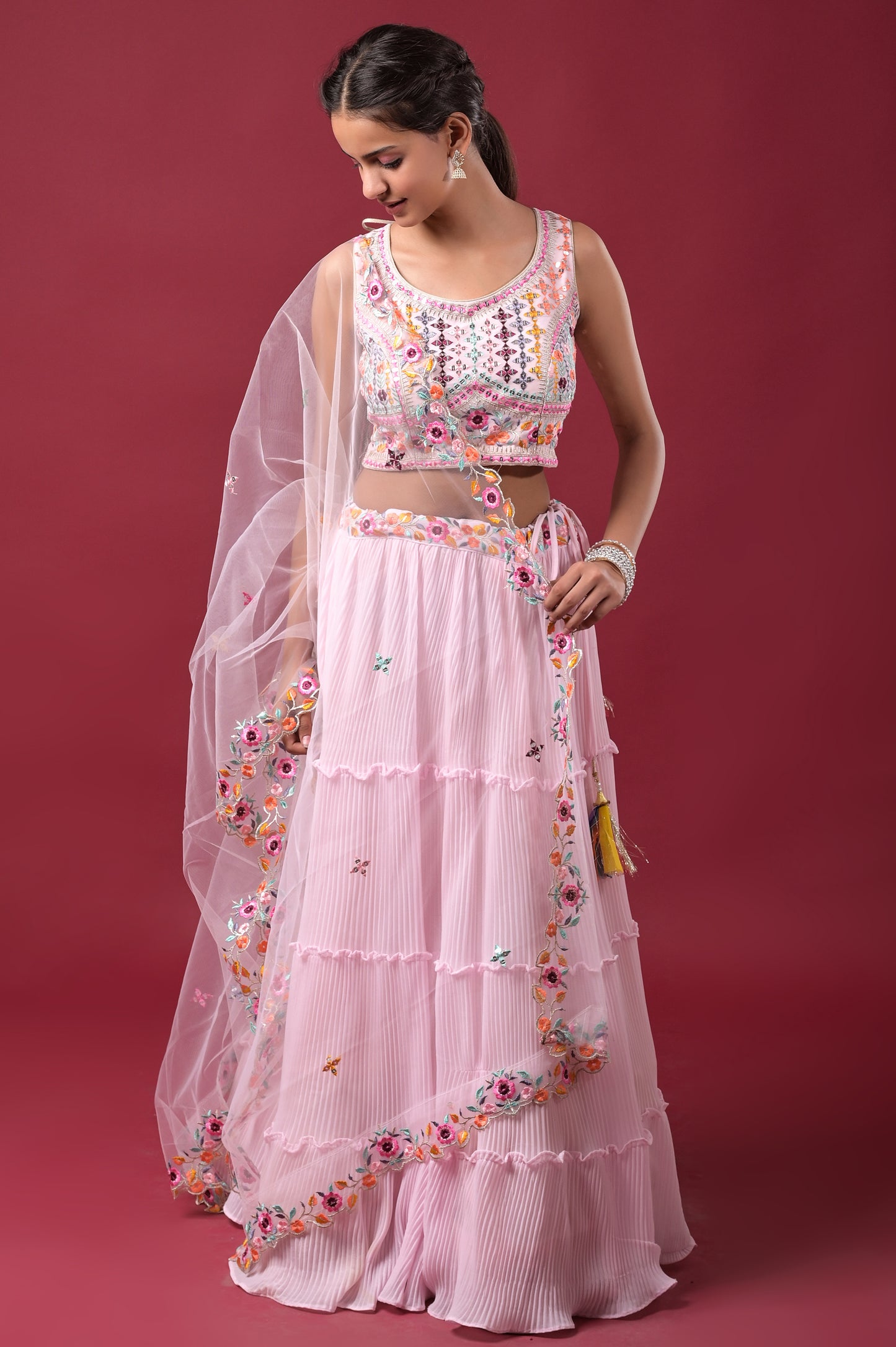 blush-pink embroidered georgette lehnga set with net dupatta for teenage girls