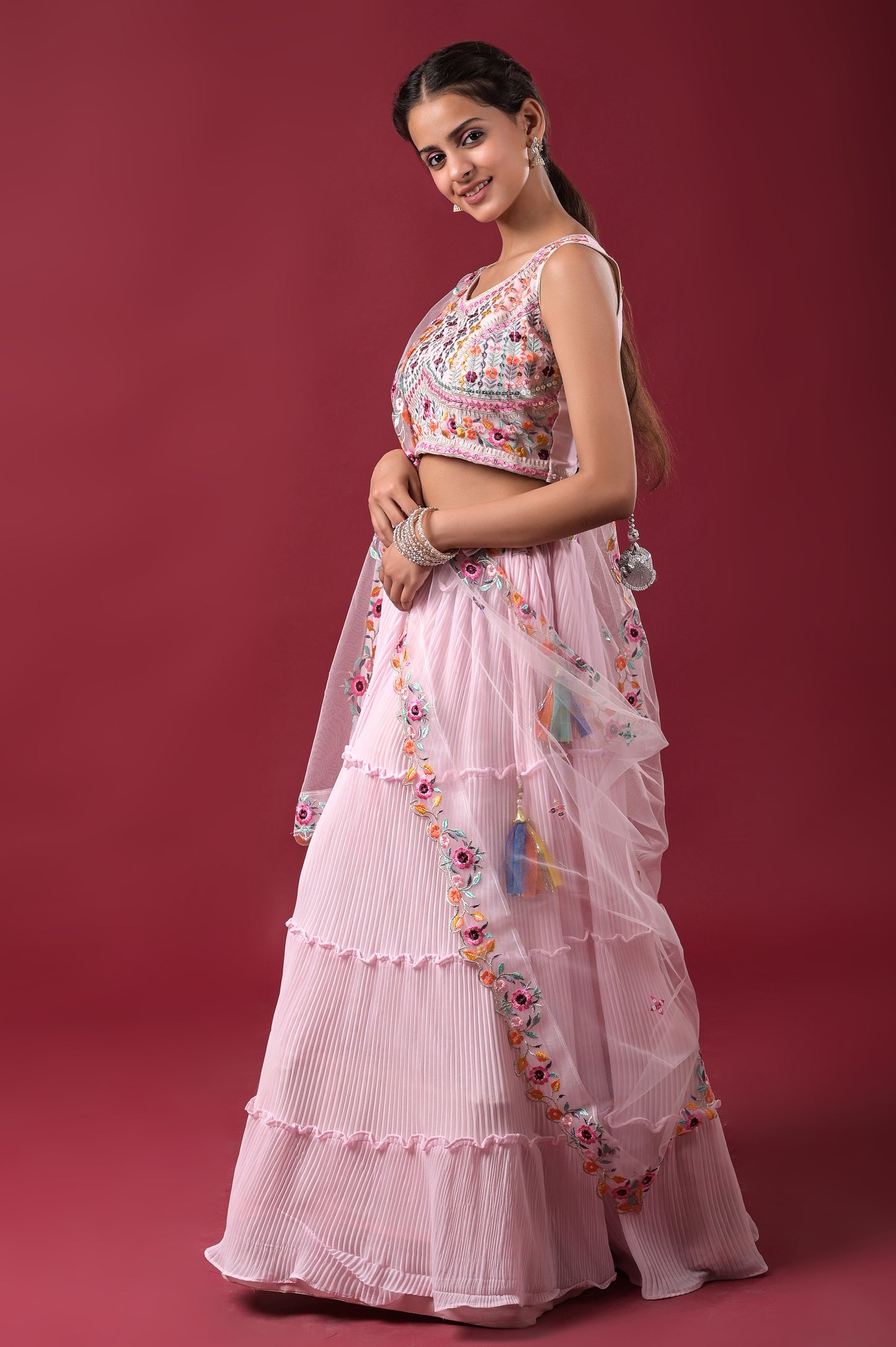 blush-pink embroidered georgette lehnga set with net dupatta for teenage girls