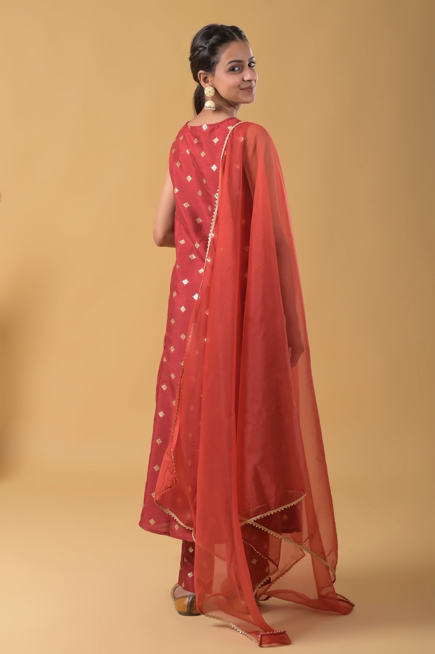 maroon gold foil print a-line silk suit with organza dupatta