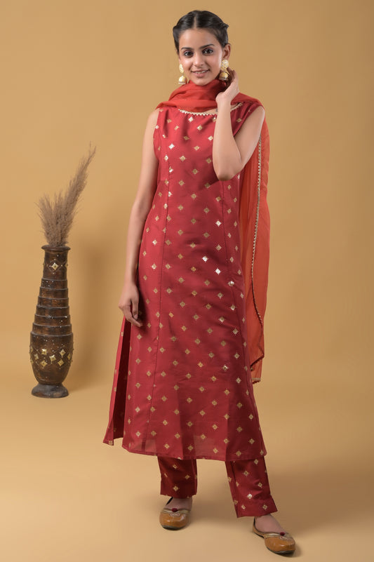 Maroon Gold Foil Print A-Line Silk Suit with Organza Dupatta