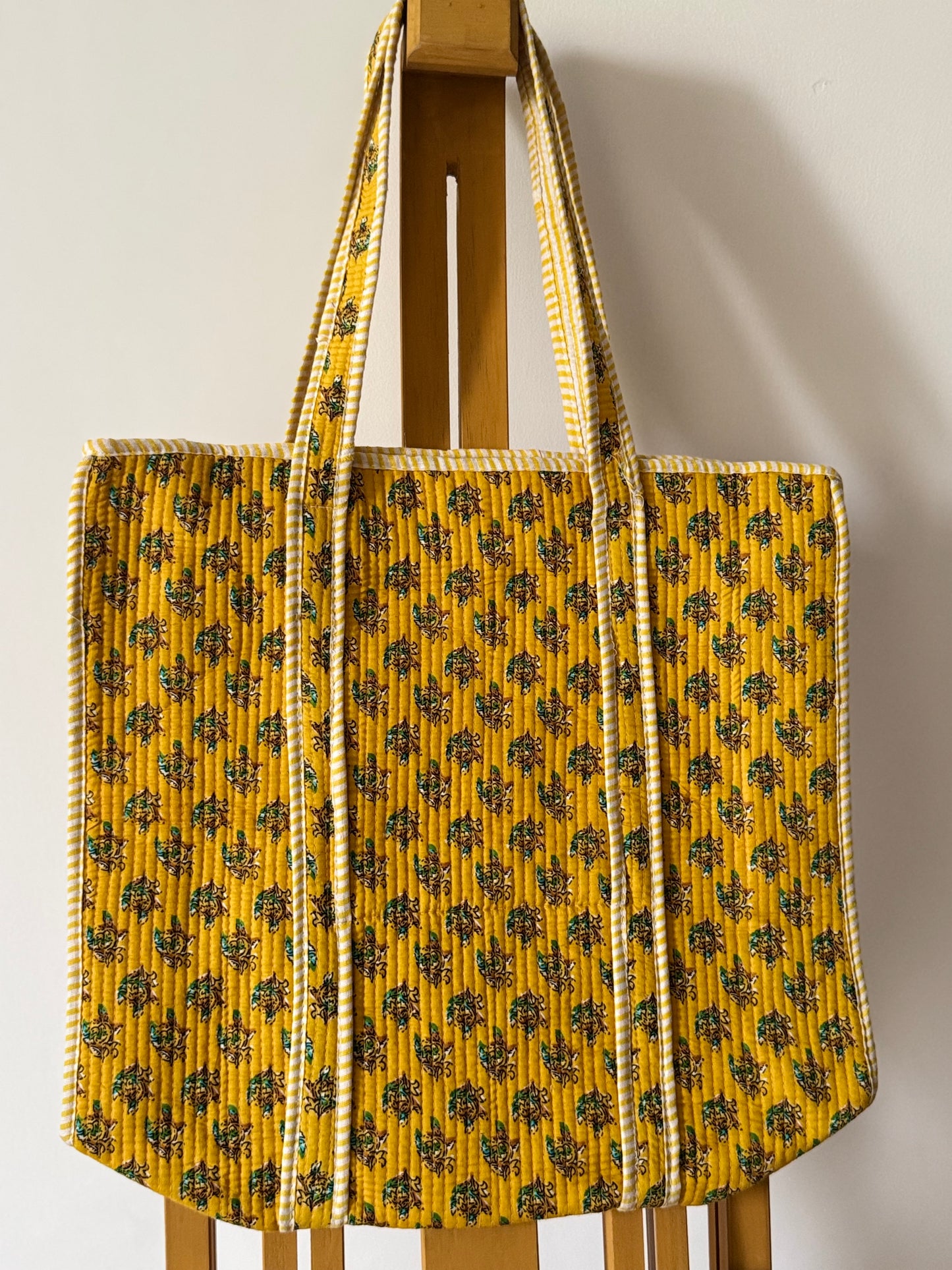 sun-drenched booti sanganeri hand-block printed quilted cotton tote bag