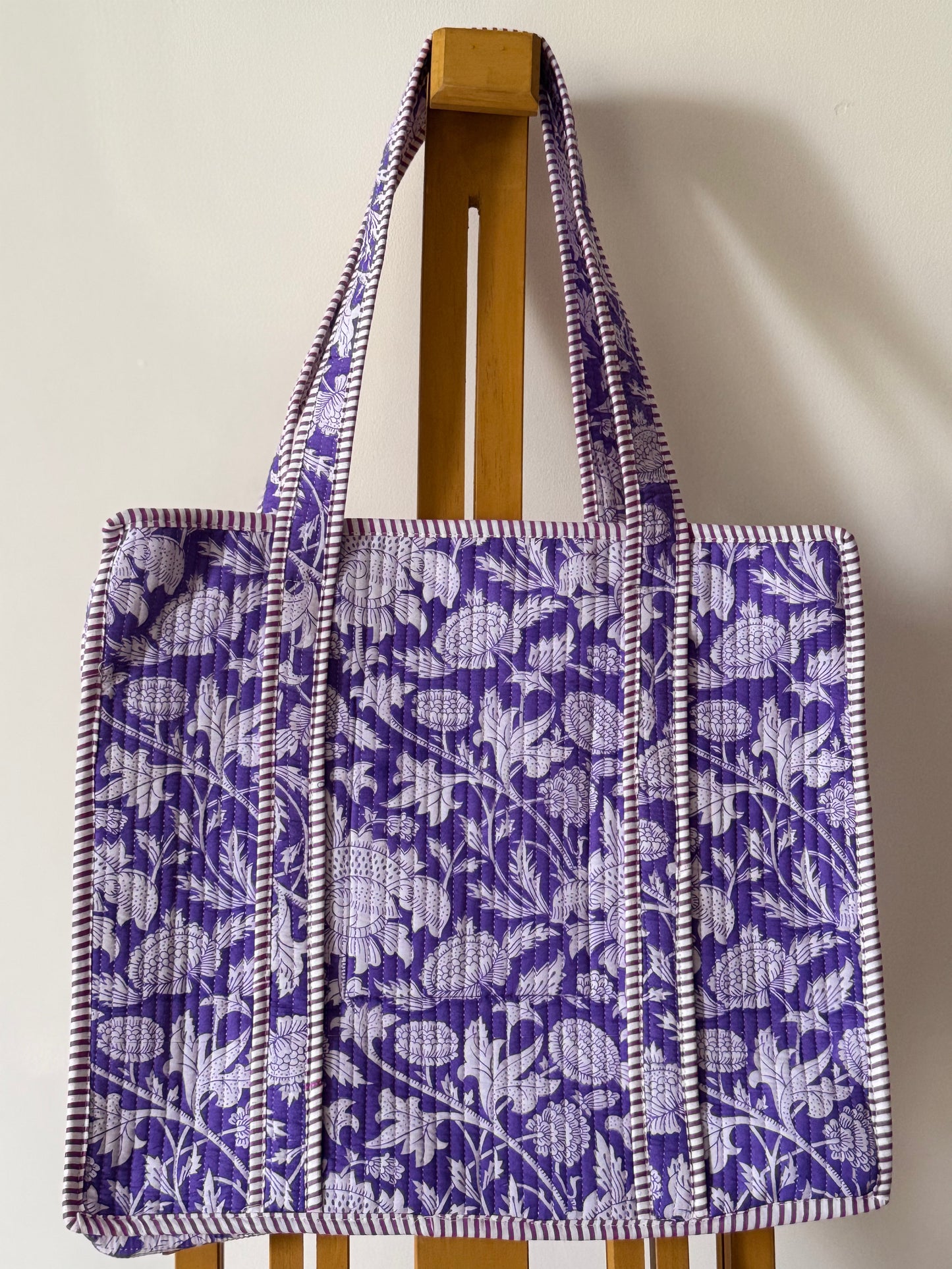royal violet floral sanganeri hand-block printed quilted cotton tote bag