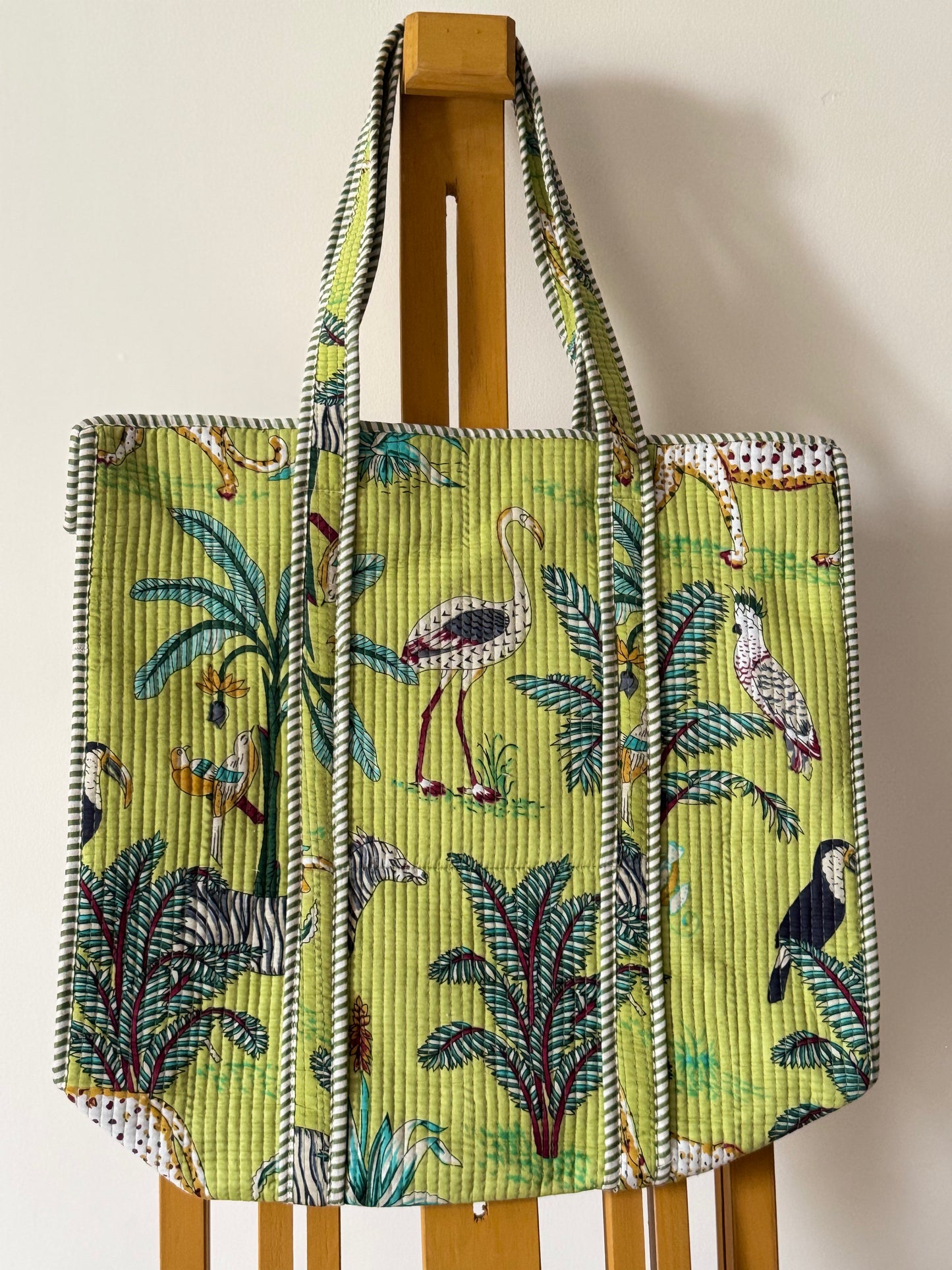 lime safari sanganeri hand-block printed quilted cotton tote bag