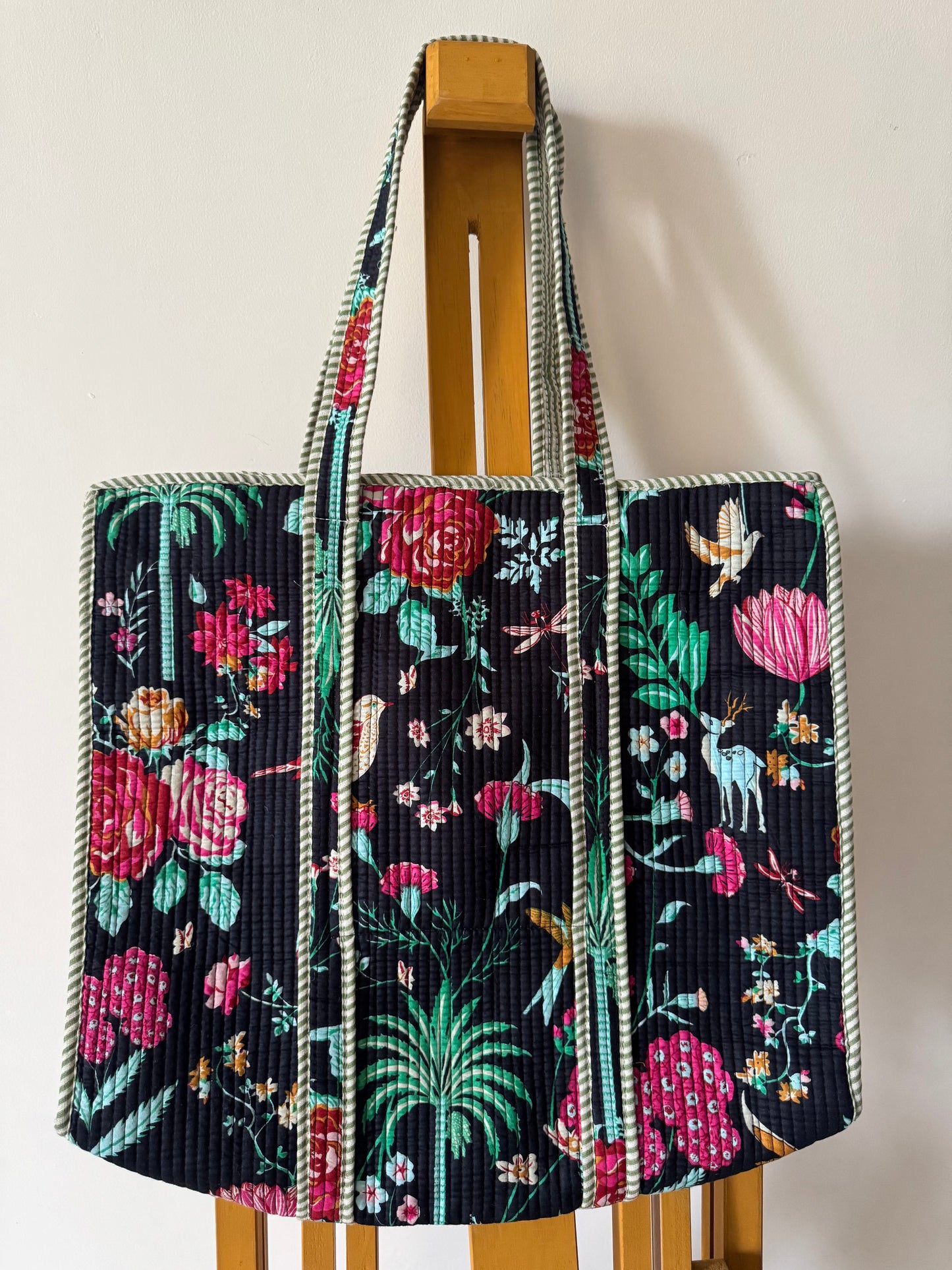 midnight forest sanganeri hand-block printed quilted cotton tote bag