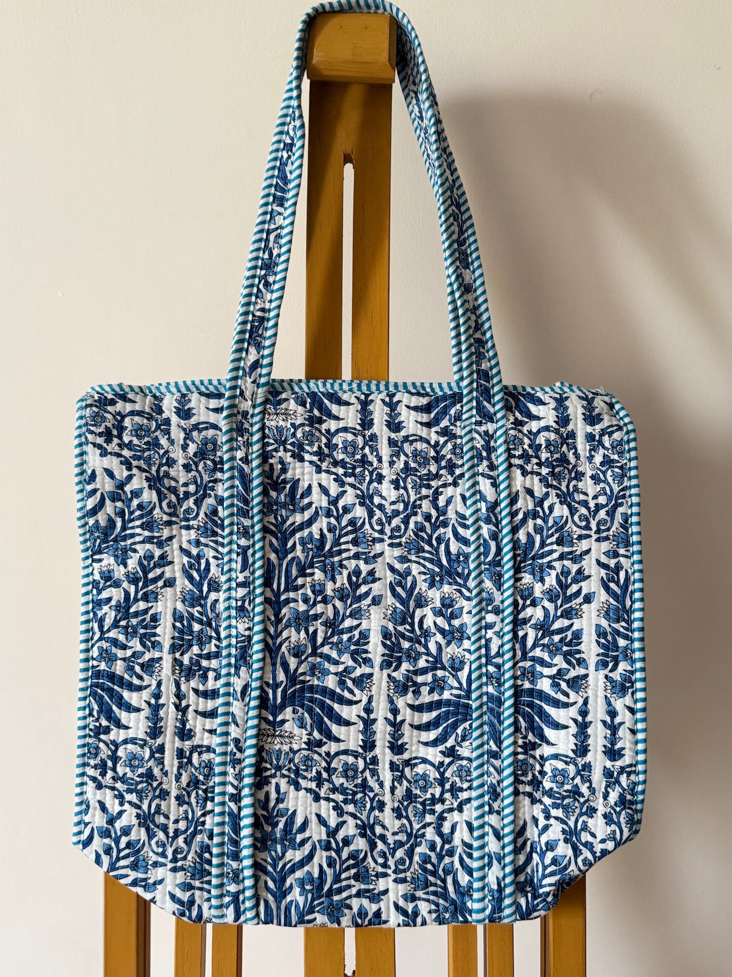 ocean breeze vine sanganeri hand-block printed quilted cotton tote bag