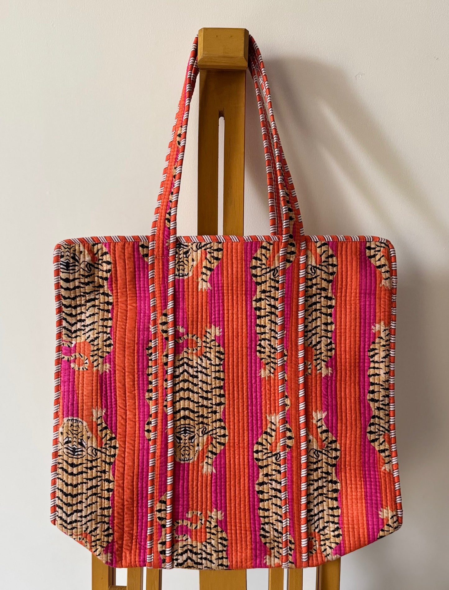 bengal tiger sanganeri hand-block printed quilted cotton tote bag