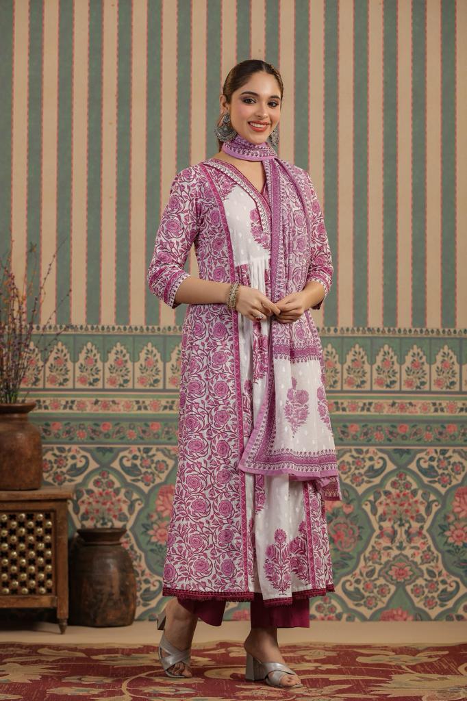 mauve and white pure cotton mugal motifs suit set with dupatta