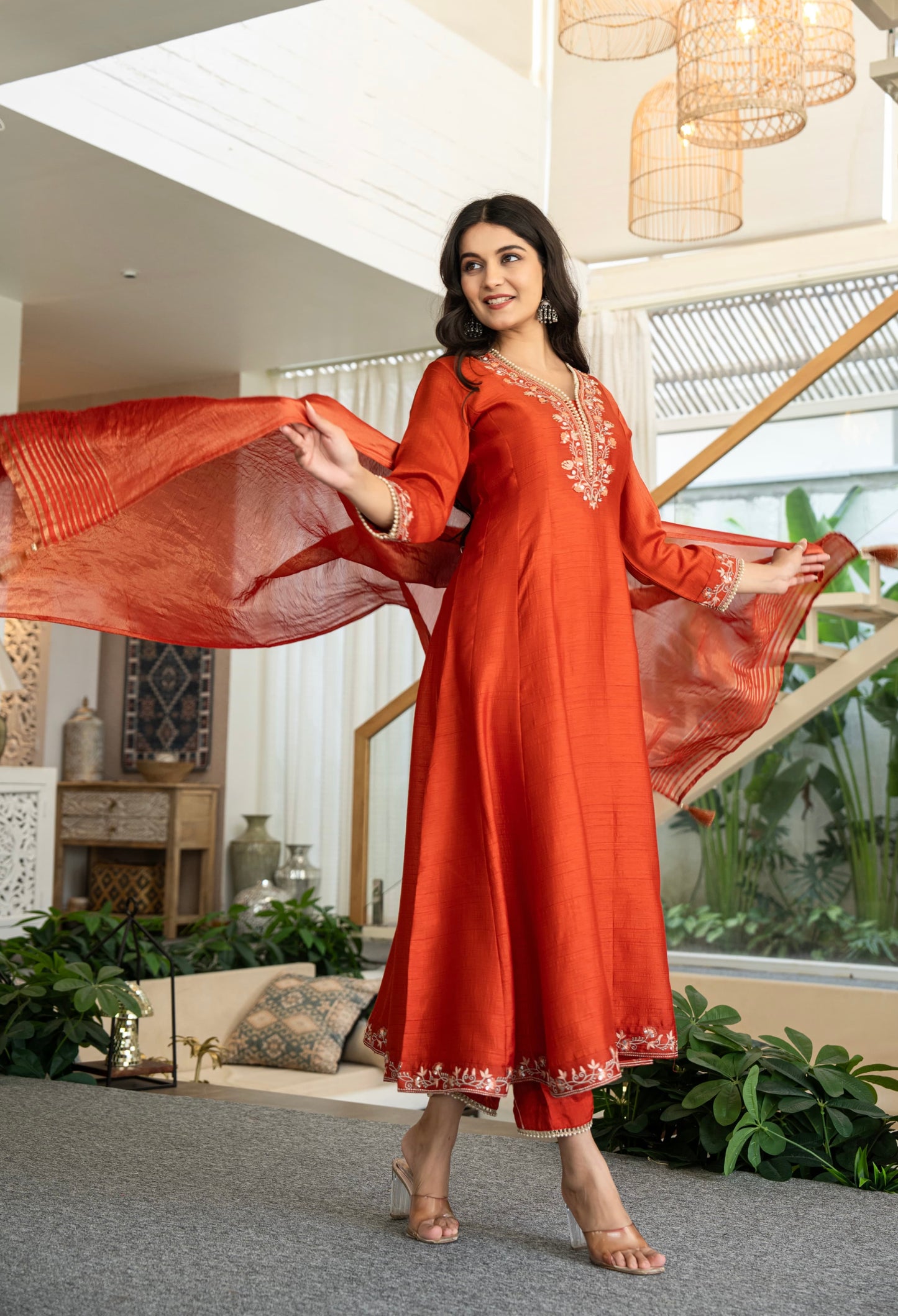 rust orange,hand-embroidered,silk,anarkali,ethnic wear,indian suit