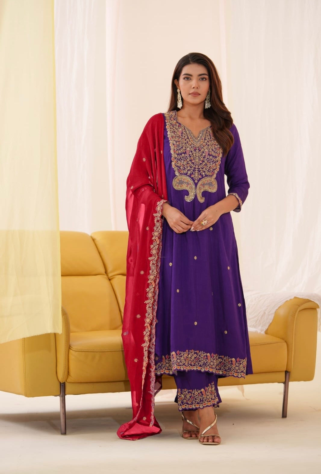 bright purple,zari-embroidered,chinon silk,ethnic wear indian suit set