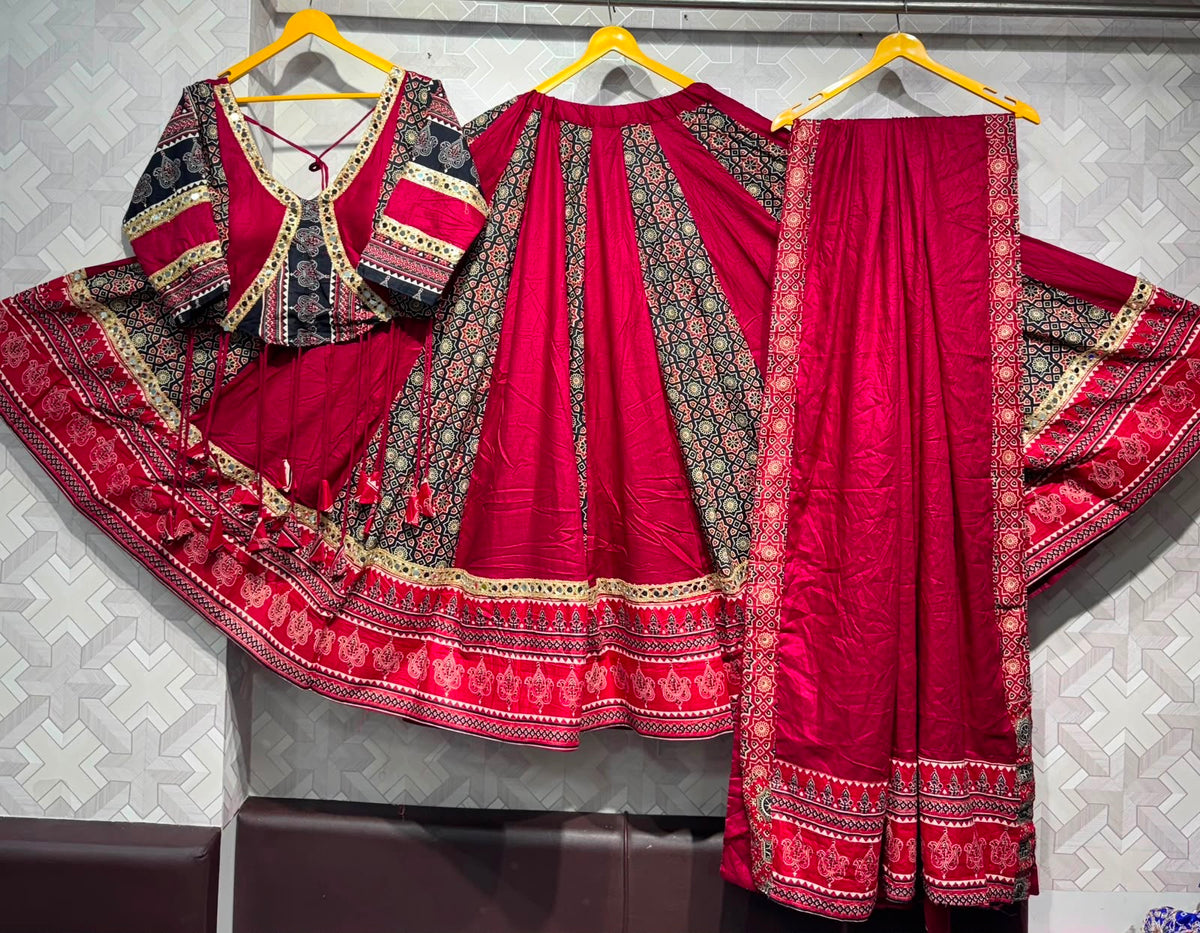 crimson & midnight ajrakh-print garba chaniya choli set