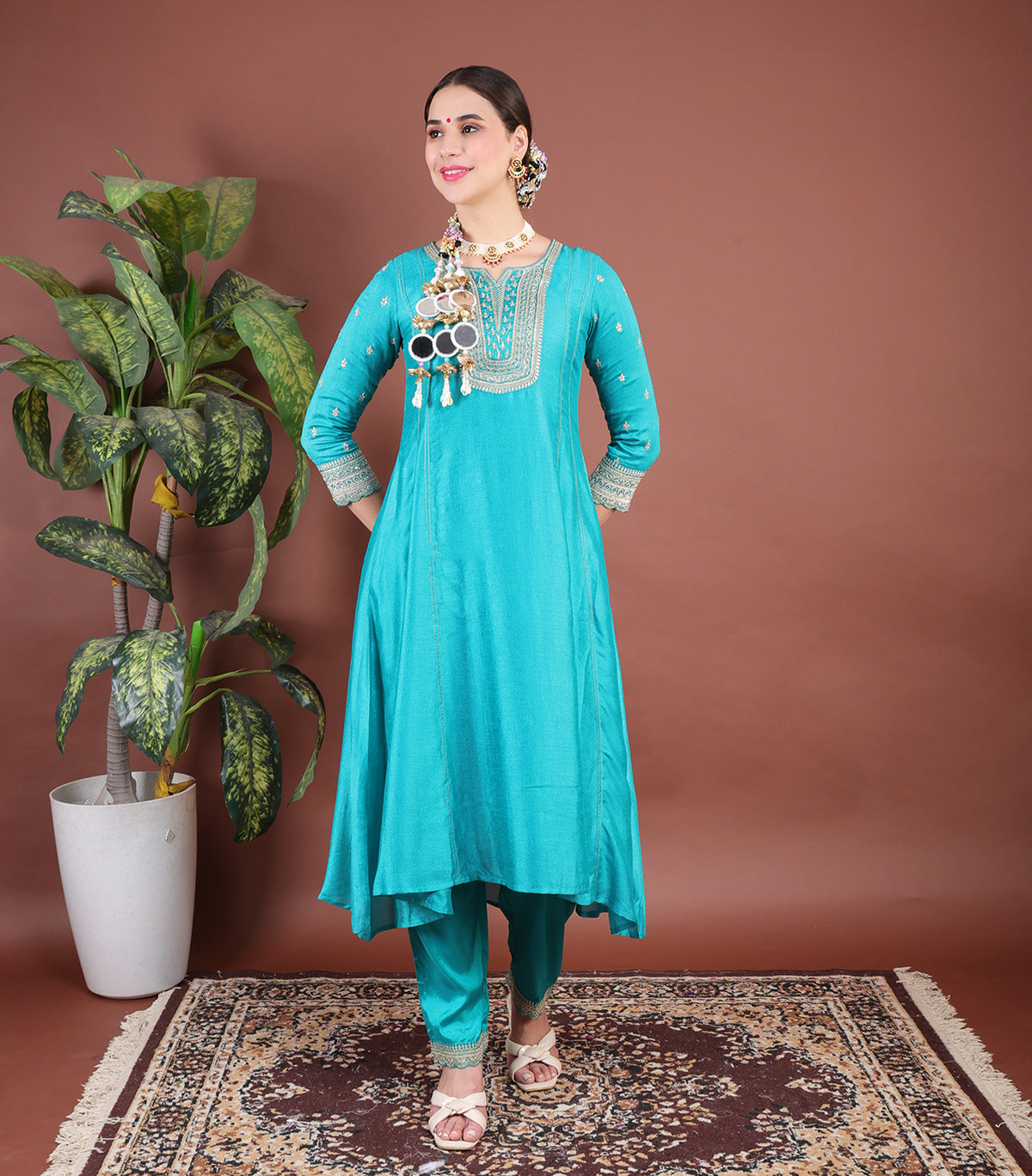 vibrant turquoise blue vichitra silk embroidered anarkali suit set