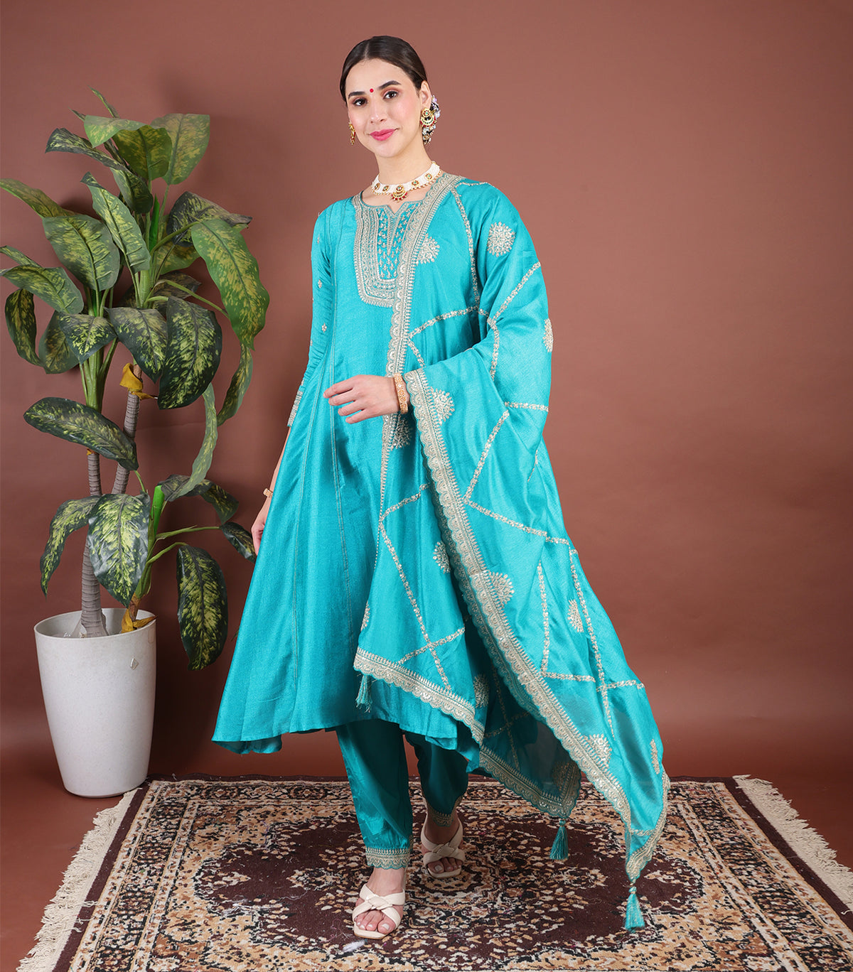 vibrant turquoise blue vichitra silk embroidered anarkali suit set