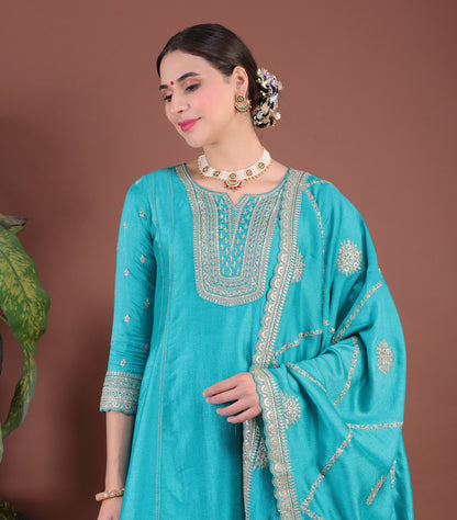 Vibrant Turquoise Blue Vichitra Silk Embroidered Anarkali Suit Set