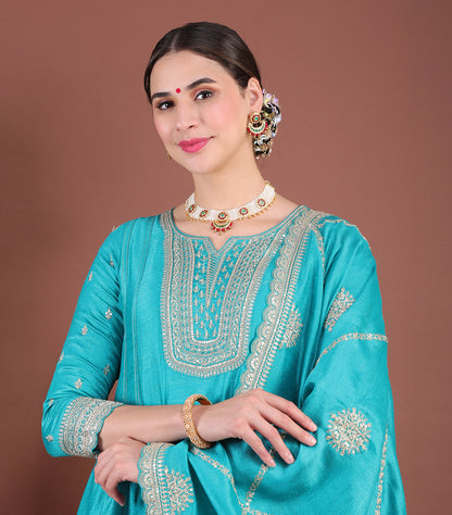 Vibrant Turquoise Blue Vichitra Silk Embroidered Anarkali Suit Set