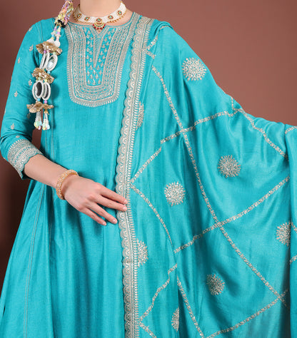 Vibrant Turquoise Blue Vichitra Silk Embroidered Anarkali Suit Set