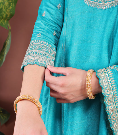 Vibrant Turquoise Blue Vichitra Silk Embroidered Anarkali Suit Set