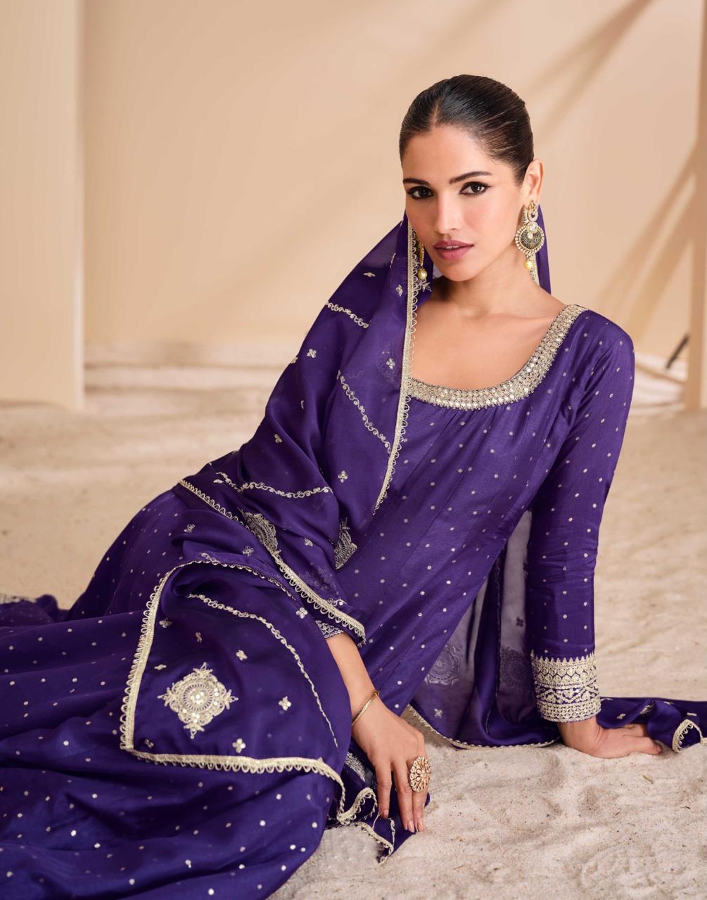 purple zari-embroidered wedding-wear long anarkali viscose-silk gown with dupatta