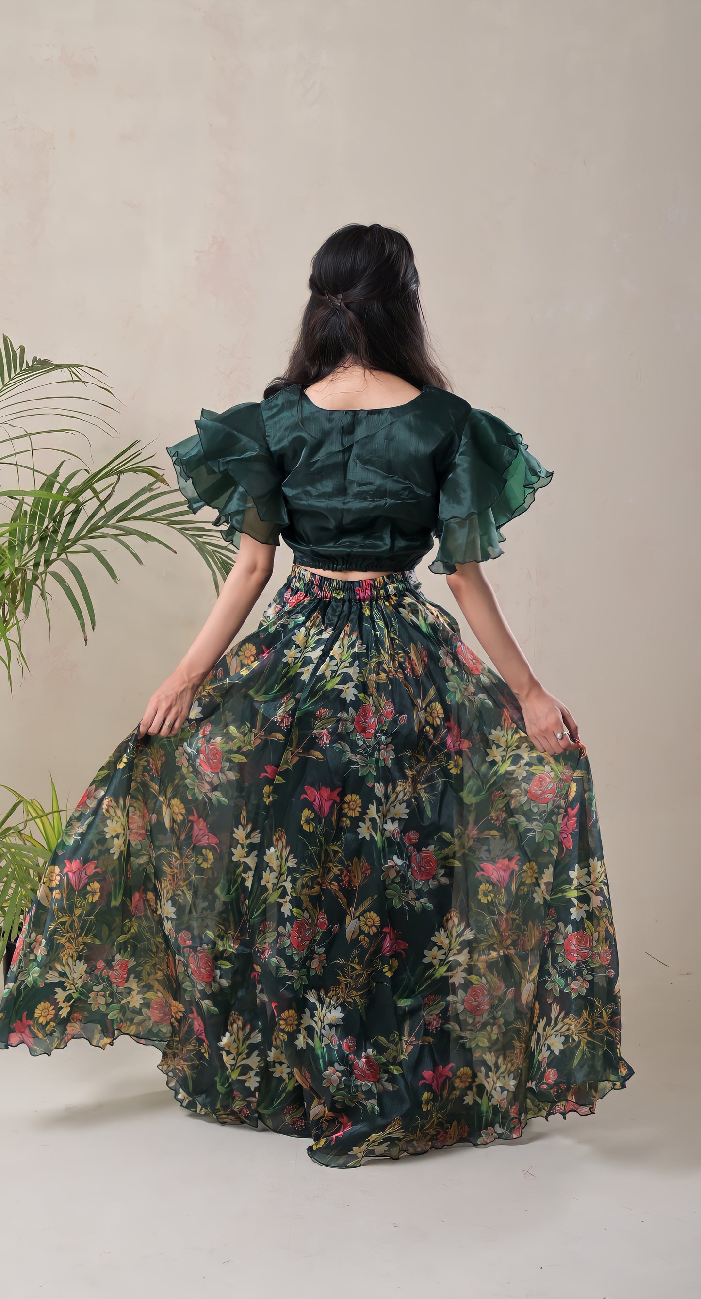 dark green, ruffle sleeves blouse, floral skirt, organza skirt set