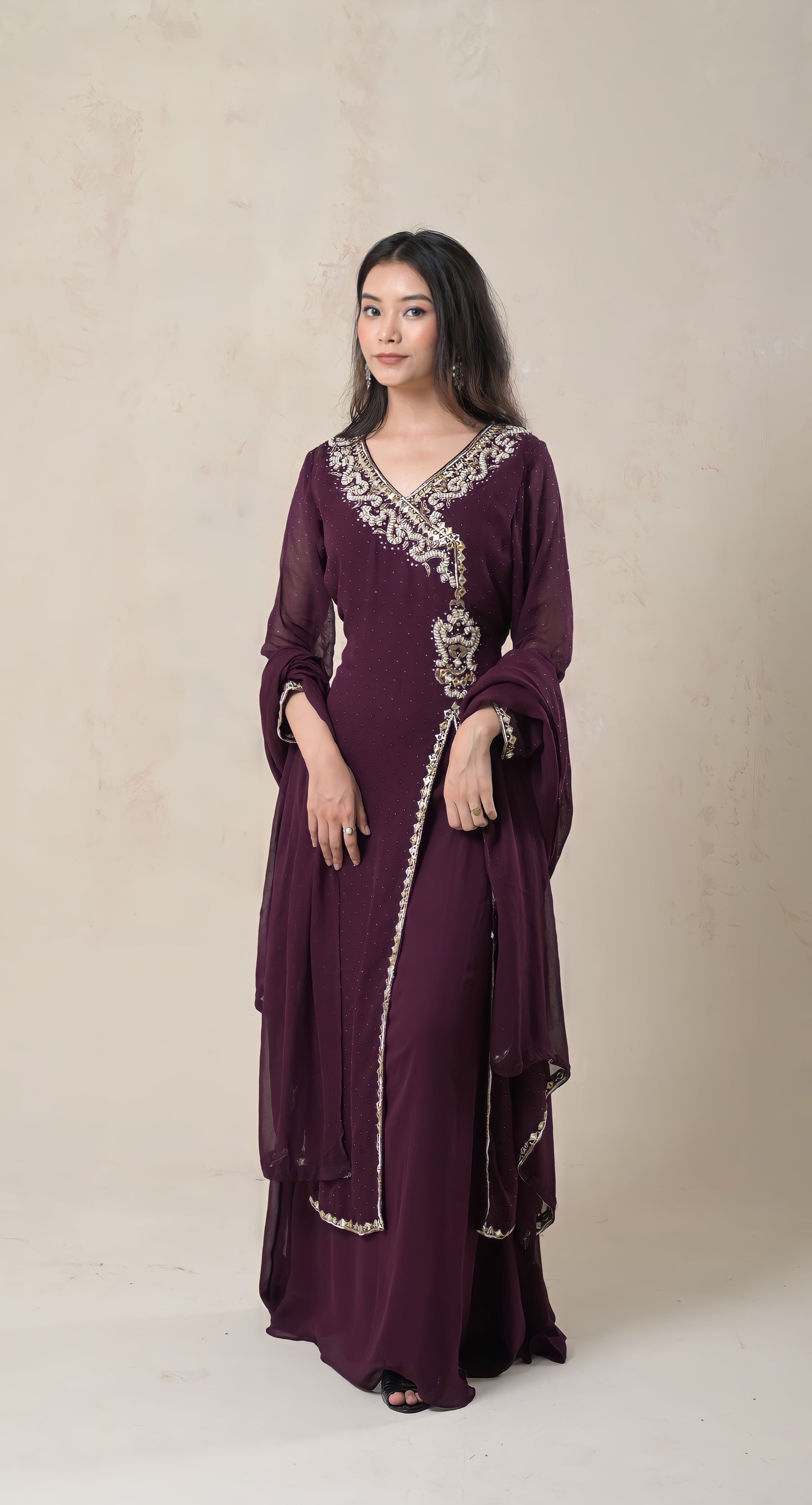 wine, georgette, angrakha style, beadwork and cutdana work gown