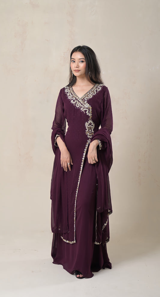 Wine, Georgette, Angrakha Style, Beadwork and Cutdana Work Gown