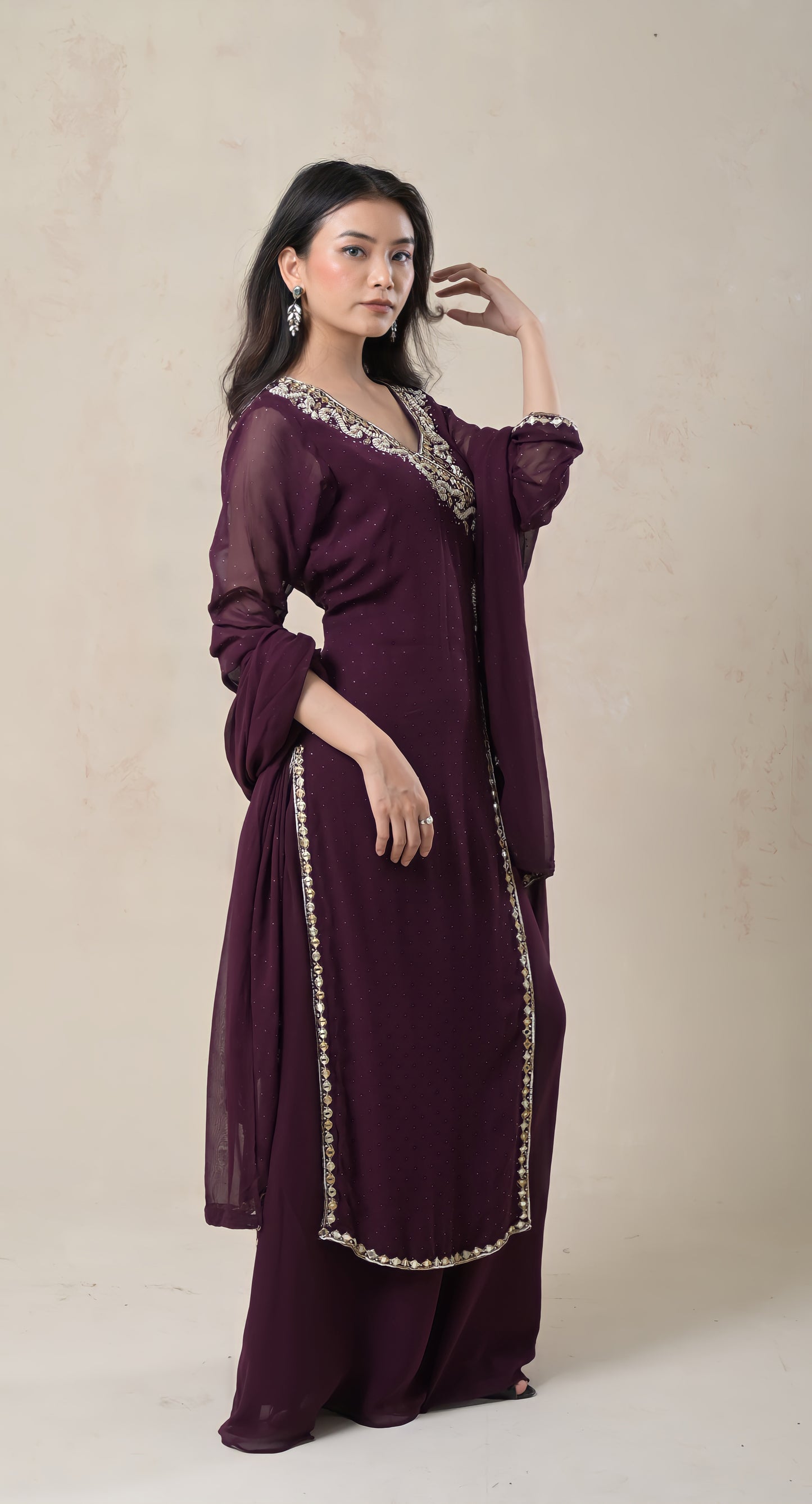 wine, georgette, angrakha style, beadwork and cutdana work gown