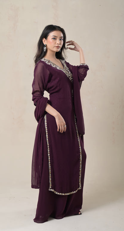 Wine, Georgette, Angrakha Style, Beadwork and Cutdana Work Gown