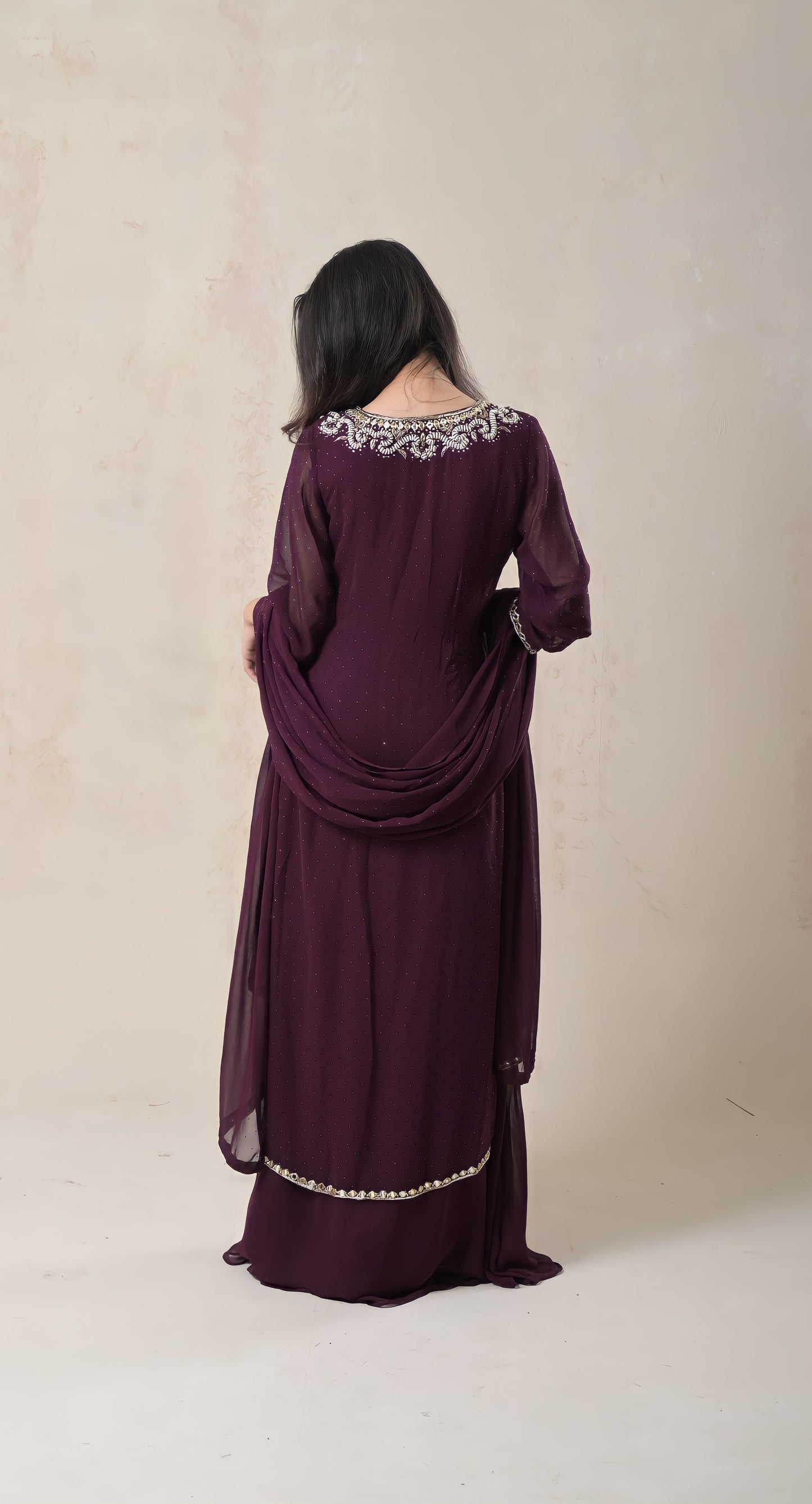 wine, georgette, angrakha style, beadwork and cutdana work gown