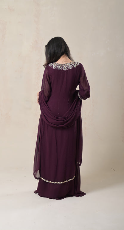 Wine, Georgette, Angrakha Style, Beadwork and Cutdana Work Gown