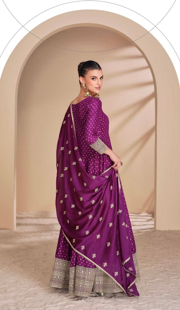 maroon zári-embroidered wedding and festivals wear long anarkali viscose-silk gown with dupatta