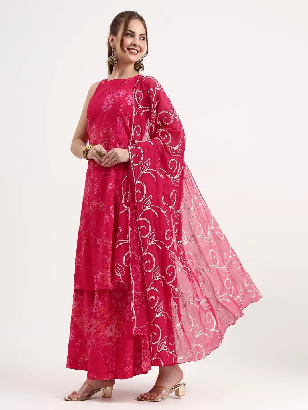 hot pink radiance: floral muslin silk palazzo set with gota work dupatta